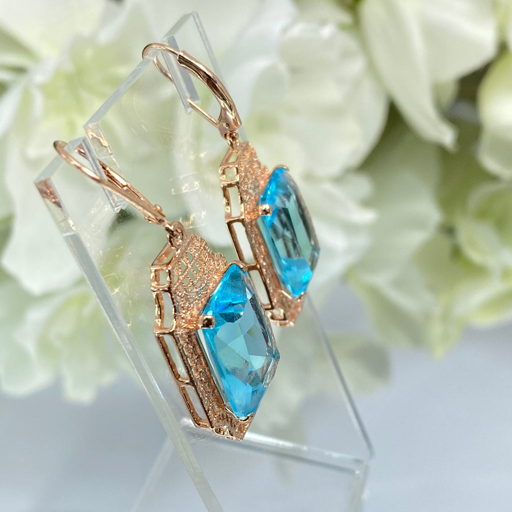 Blue Aquamarine Earrings, Rose Gold plated Sterling Silver Filigree, Lantern style Art Deco Jewelry, Silver Embrace Jewelry, E13