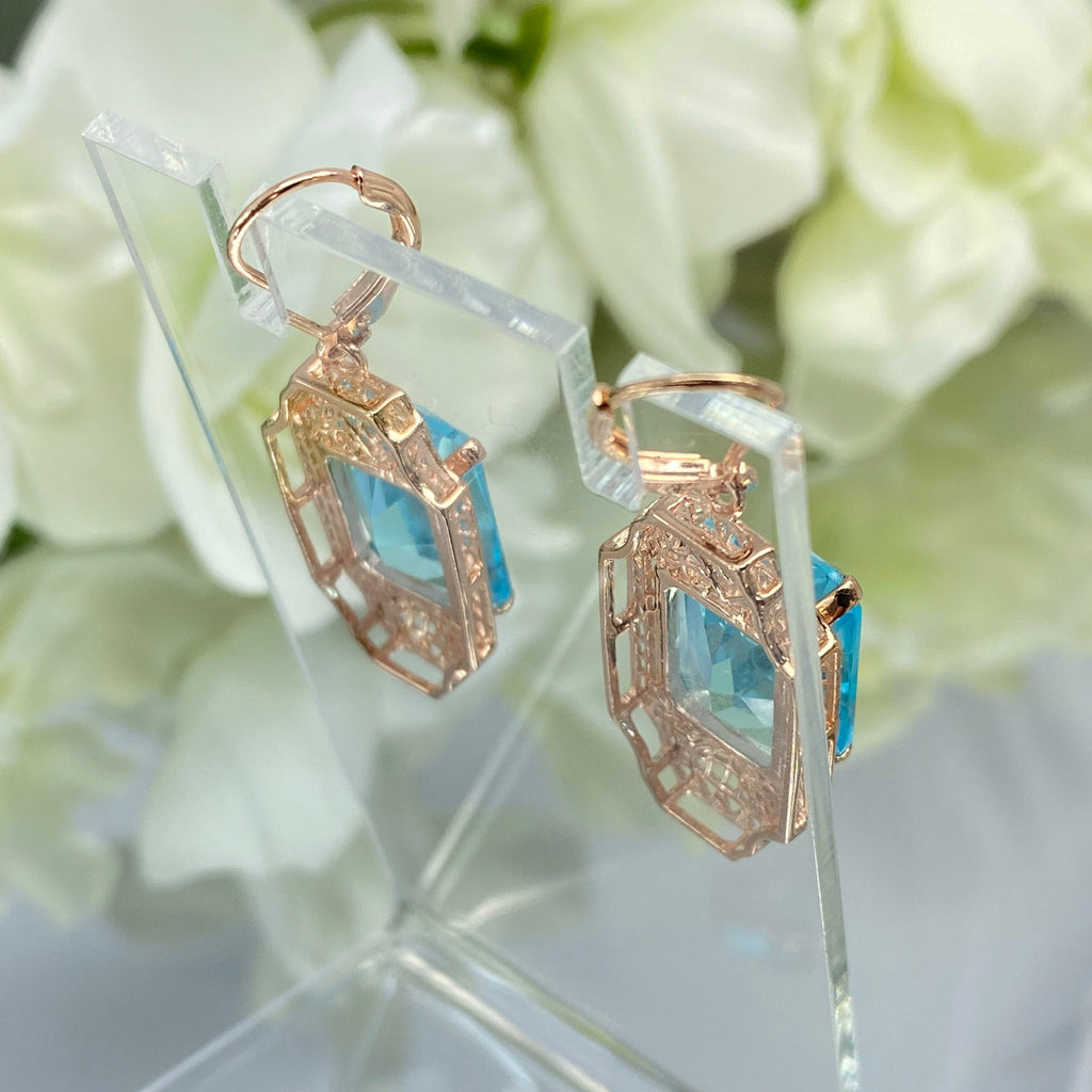 Blue Aquamarine Earrings, Rose Gold plated Sterling Silver Filigree, Lantern style Art Deco Jewelry, Silver Embrace Jewelry, E13