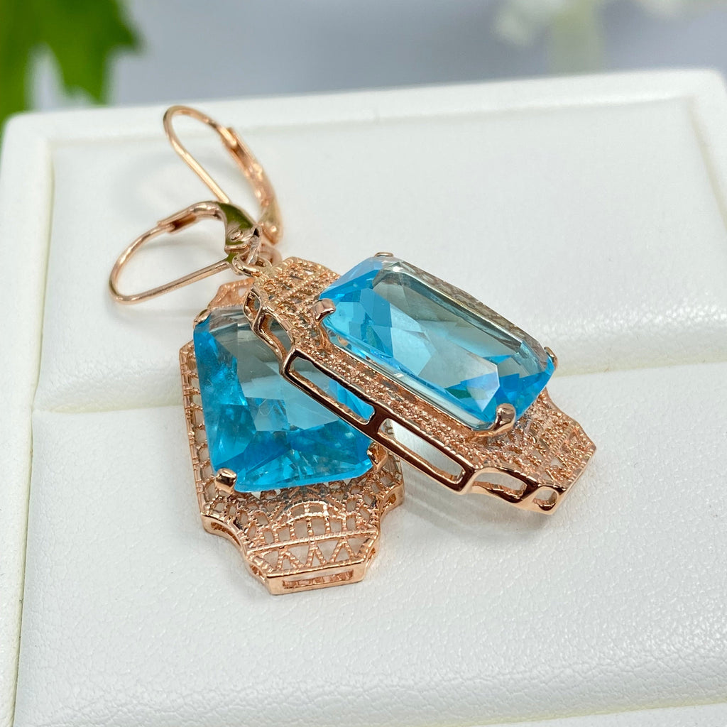 Blue Aquamarine Earrings, Rose Gold plated Sterling Silver Filigree, Lantern style Art Deco Jewelry, Silver Embrace Jewelry, E13