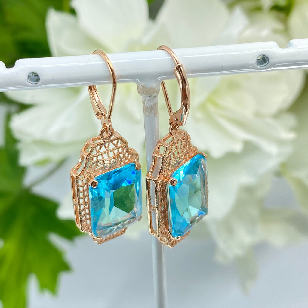 Blue Aquamarine Earrings, Rose Gold plated Sterling Silver Filigree, Lantern style Art Deco Jewelry, Silver Embrace Jewelry, E13