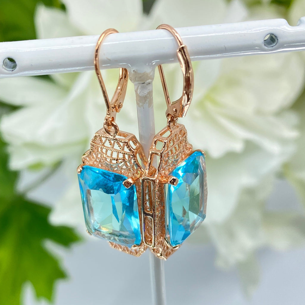 Blue Aquamarine Earrings, Rose Gold plated Sterling Silver Filigree, Lantern style Art Deco Jewelry, Silver Embrace Jewelry, E13