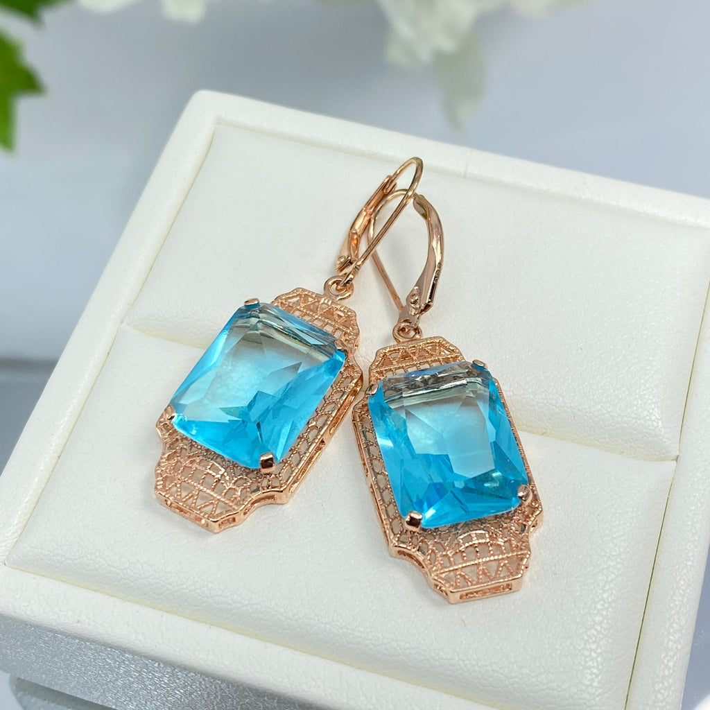 Blue Aquamarine Earrings, Rose Gold plated Sterling Silver Filigree, Lantern style Art Deco Jewelry, Silver Embrace Jewelry, E13