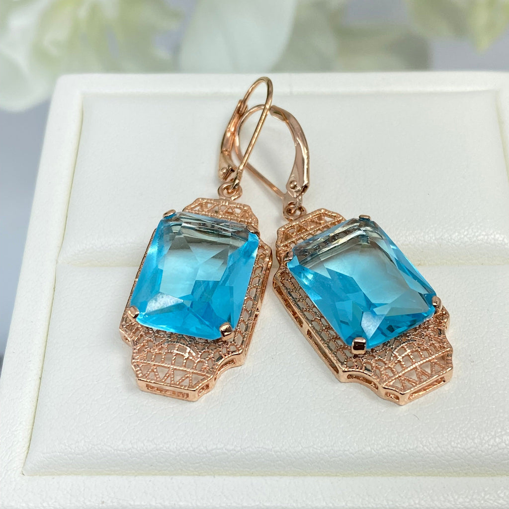 Blue Aquamarine Earrings, Rose Gold plated Sterling Silver Filigree, Lantern style Art Deco Jewelry, Silver Embrace Jewelry, E13