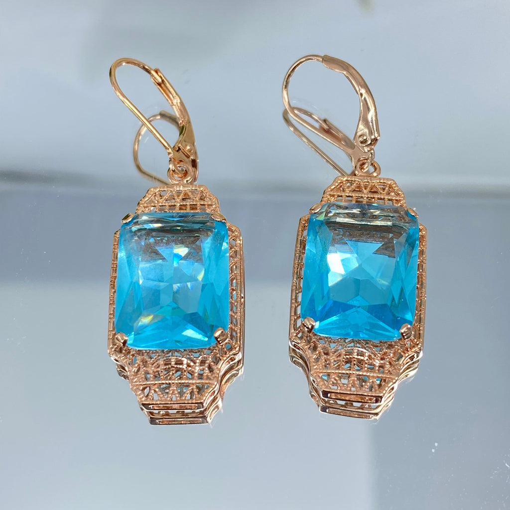 Blue Aquamarine Earrings, Rose Gold plated Sterling Silver Filigree, Lantern style Art Deco Jewelry, Silver Embrace Jewelry, E13