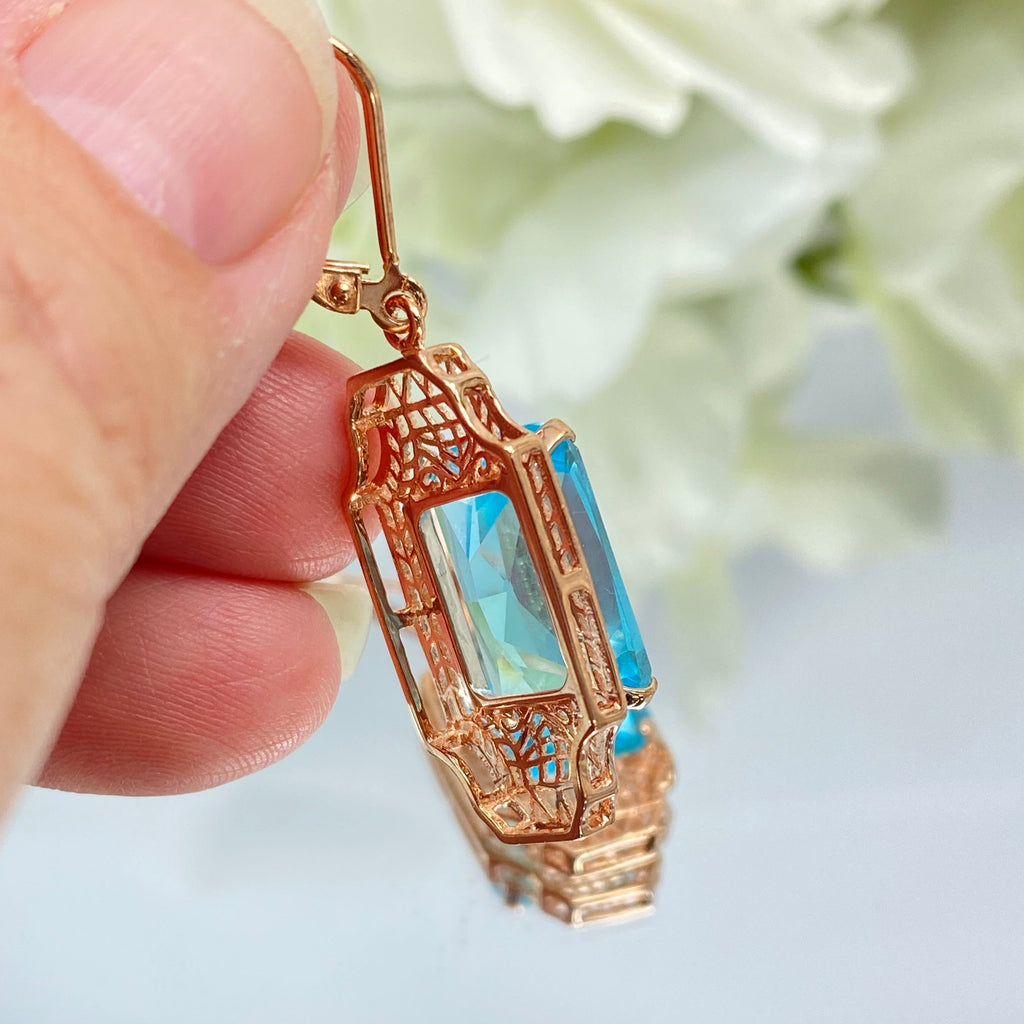 Blue Aquamarine Earrings, Rose Gold plated Sterling Silver Filigree, Lantern style Art Deco Jewelry, Silver Embrace Jewelry, E13