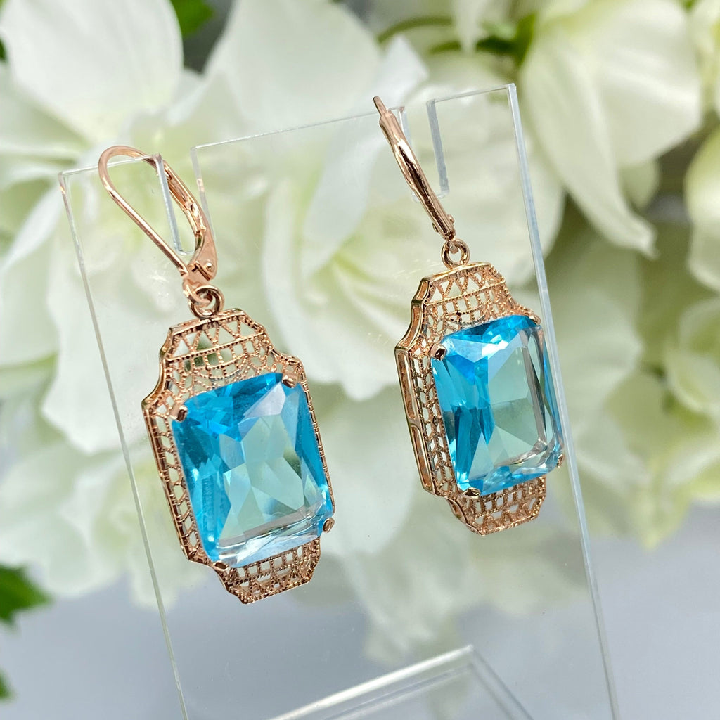 Blue Aquamarine Earrings, Rose Gold plated Sterling Silver Filigree, Lantern style Art Deco Jewelry, Silver Embrace Jewelry, E13