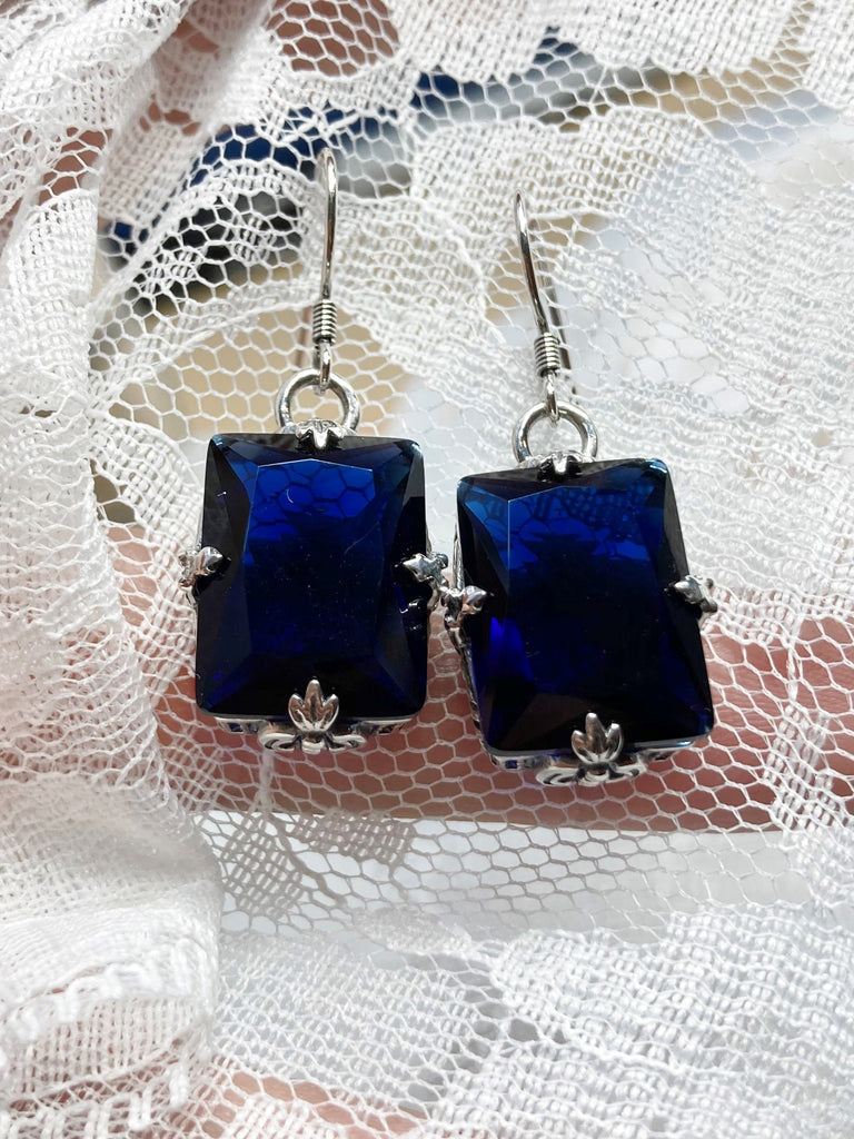 Blue Sapphire Earrings, Art Deco Sterling silver Filigree, Vintage Jewelry, Silver Embrace Jewelry, E15