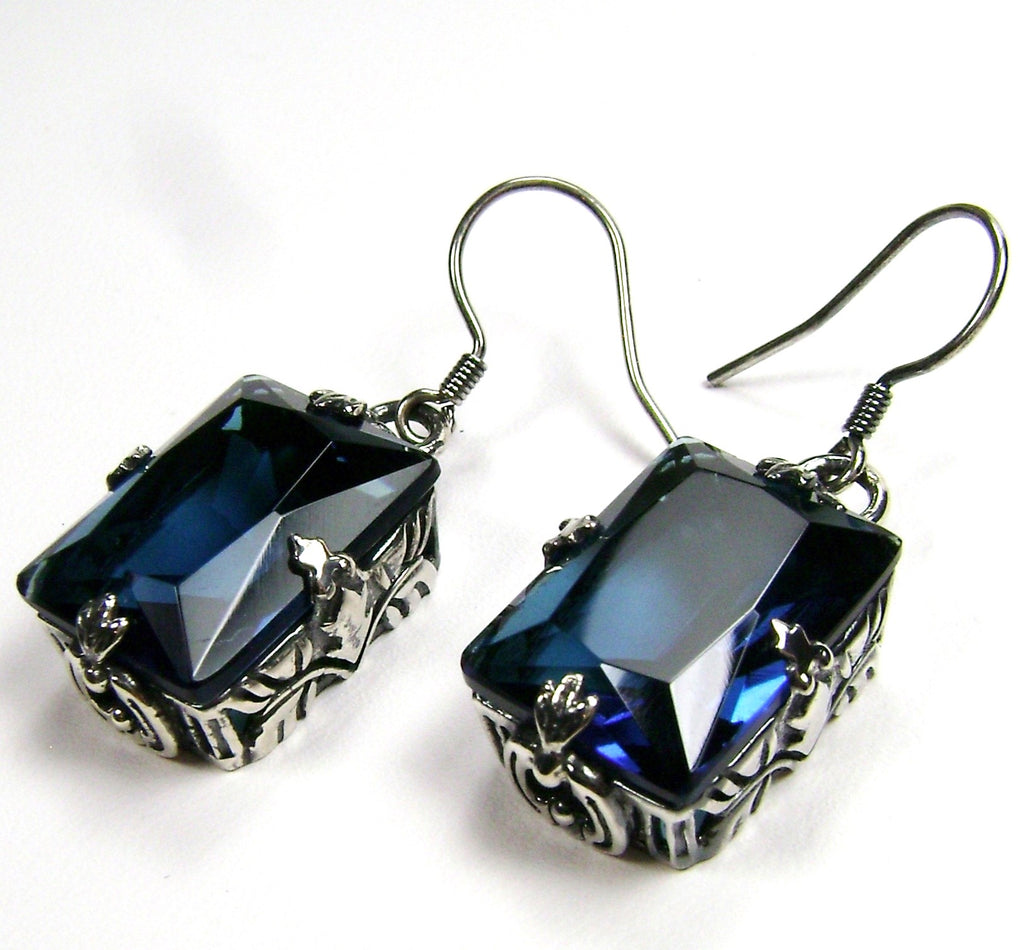 London Blue Topaz earrings, GL Leaf design, Art deco earrings, Sterling silver filigree, Silver Embrace Jewelry, E15