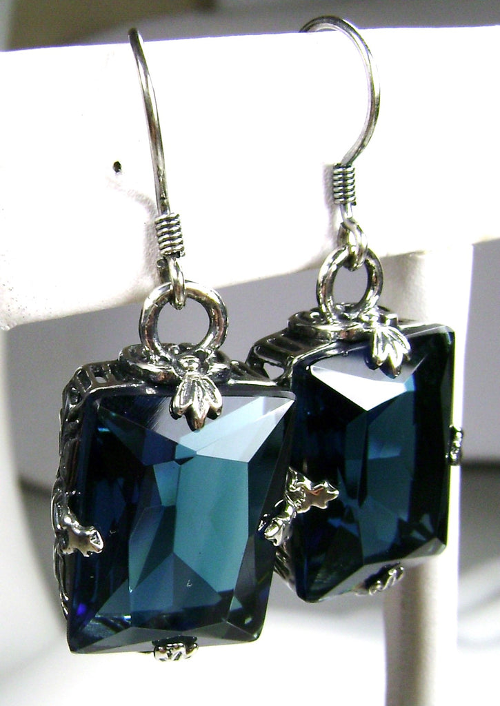 London Blue Topaz earrings, GL Leaf design, Art deco earrings, Sterling silver filigree, Silver Embrace Jewelry, E15
