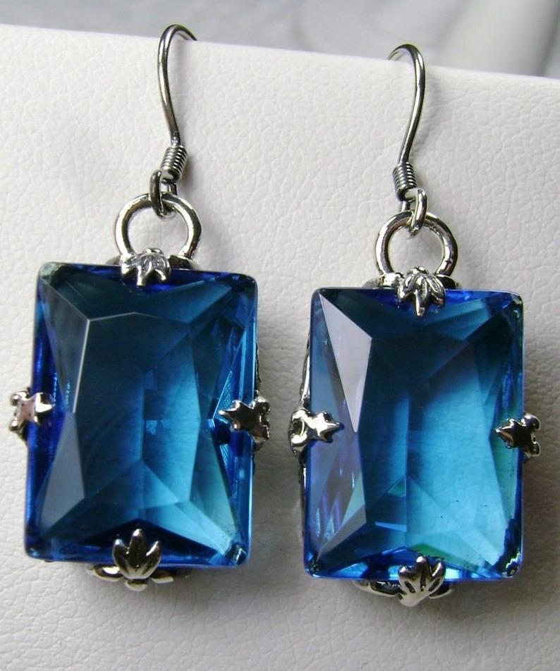 Swiss Blue Topaz earrings, GL Leaf design, Art deco earrings, Sterling silver filigree, Silver Embrace Jewelry, E15