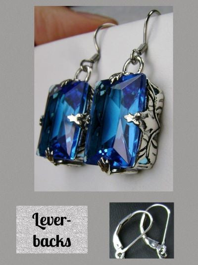 Swiss Blue Topaz earrings, GL Leaf design, Art deco earrings, Sterling silver filigree, Silver Embrace Jewelry, E15
