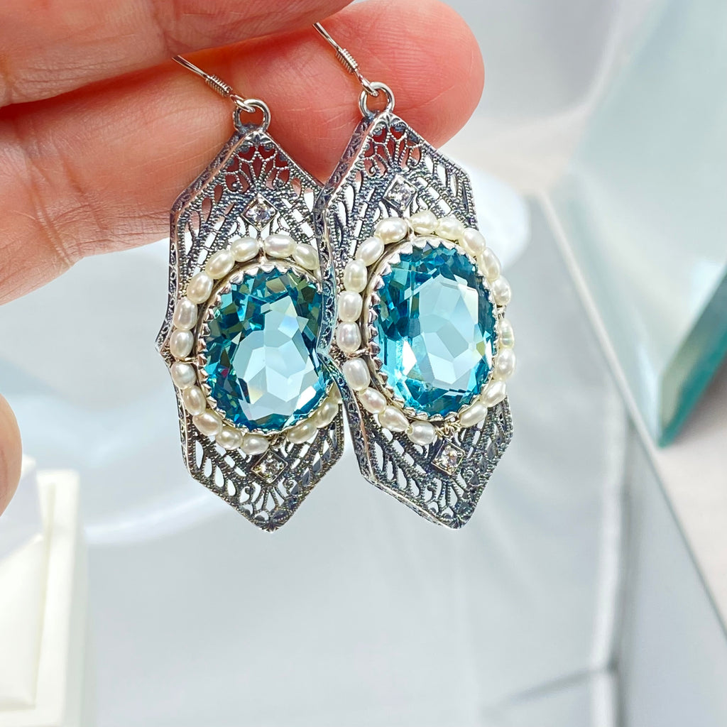 Aquamarine Earrings, Sky Blue Art Deco Earrings, Blue Aquamarine gem with seed pearls, vintage sterling silver filigree, Silver Embrace Jewelry, E156 Long Seed Pearl Earrings