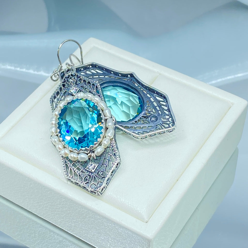 Aquamarine Earrings, Sky Blue Art Deco Earrings, Blue Aquamarine gem with seed pearls, vintage sterling silver filigree, Silver Embrace Jewelry, E156 Long Seed Pearl Earrings