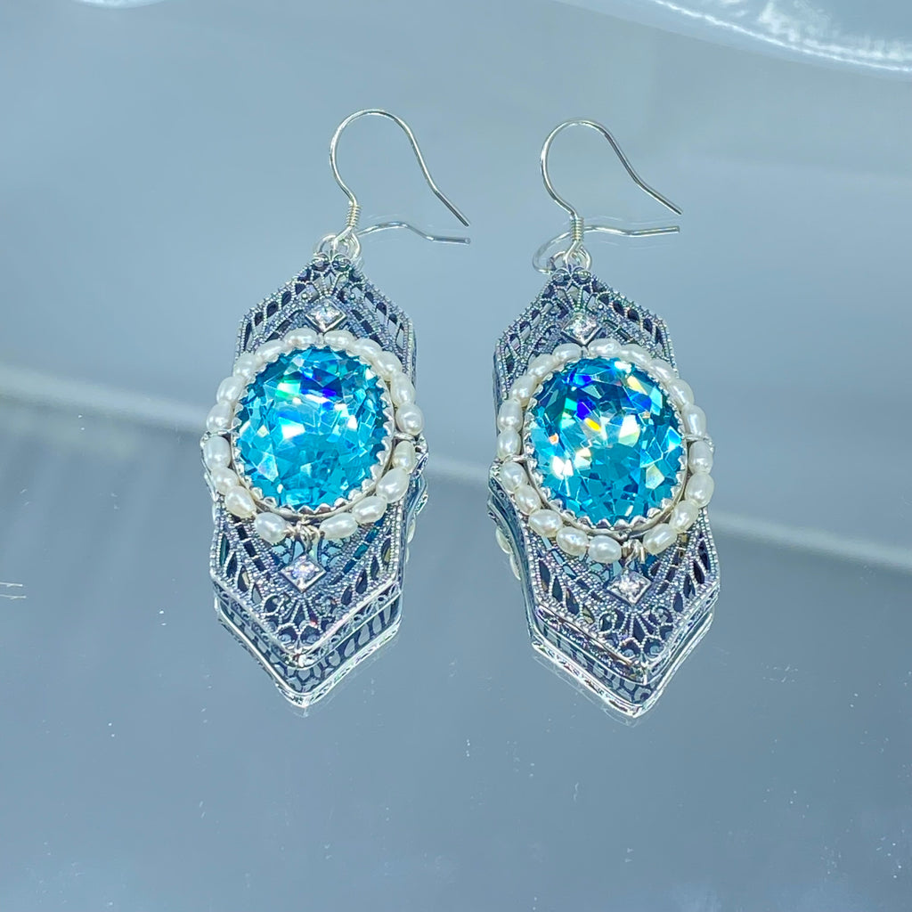 Aquamarine Earrings, Sky Blue Art Deco Earrings, Blue Aquamarine gem with seed pearls, vintage sterling silver filigree, Silver Embrace Jewelry, E156 Long Seed Pearl Earrings