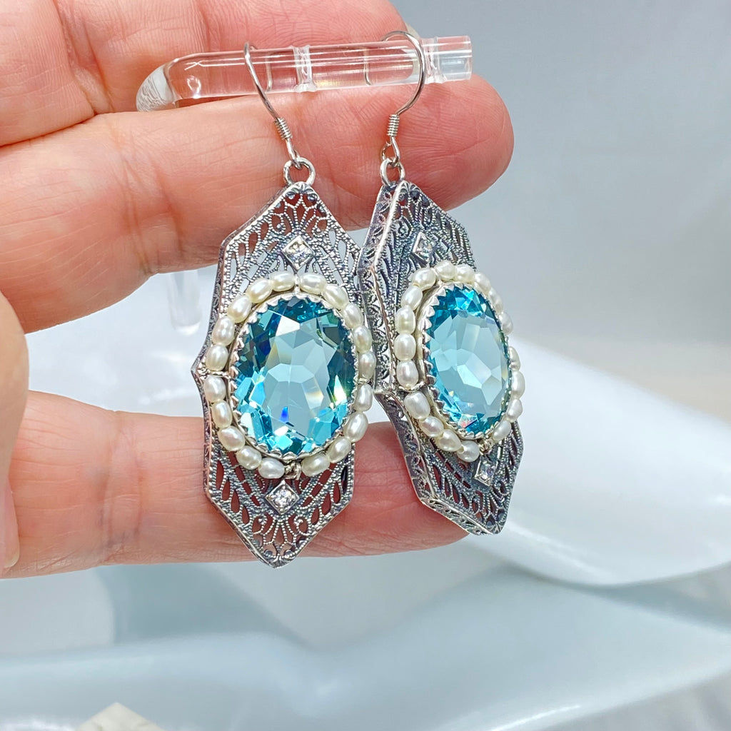 Aquamarine Earrings, Sky Blue Art Deco Earrings, Blue Aquamarine gem with seed pearls, vintage sterling silver filigree, Silver Embrace Jewelry, E156 Long Seed Pearl Earrings