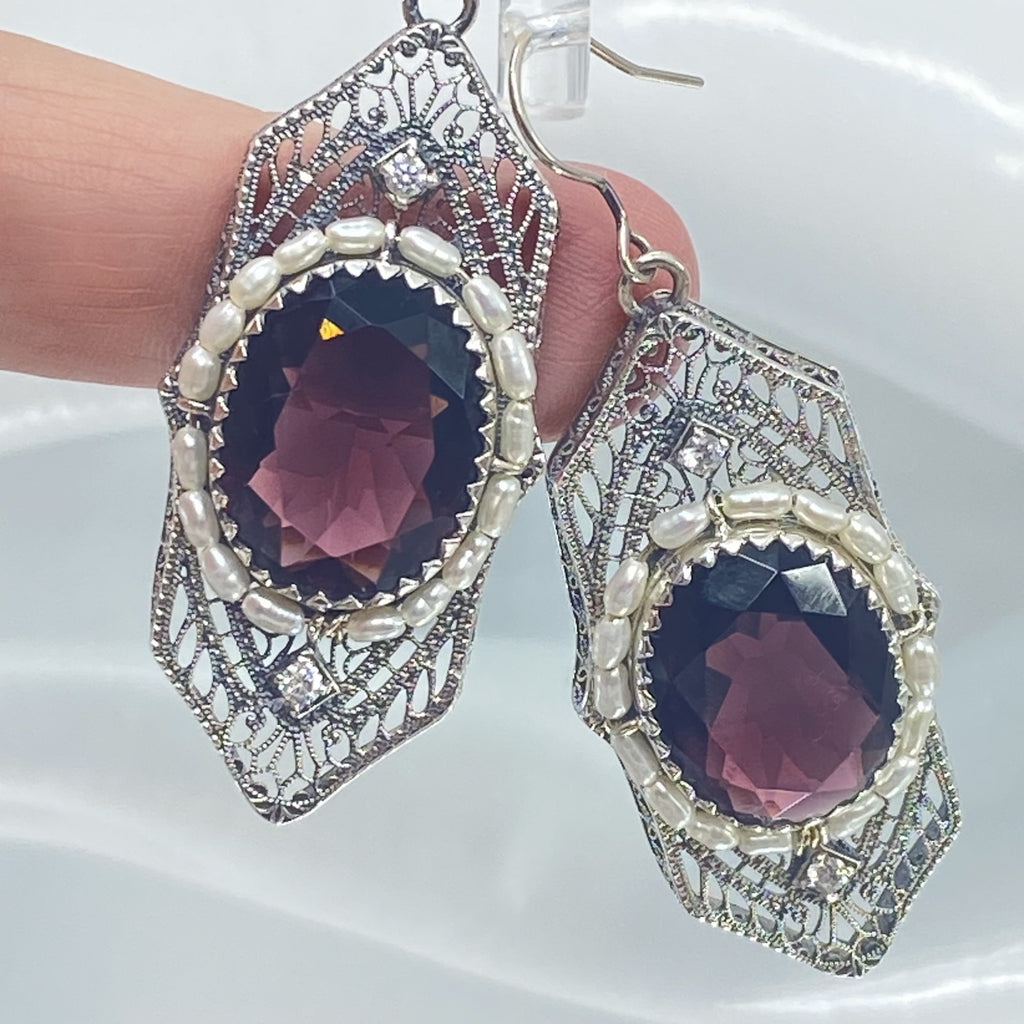 Amethyst Earrings, Purple Art Deco Earrings, Oval gem with seed pearls, vintage sterling silver filigree, Silver Embrace Jewelry, E156 Long Seed Pearl Earrings