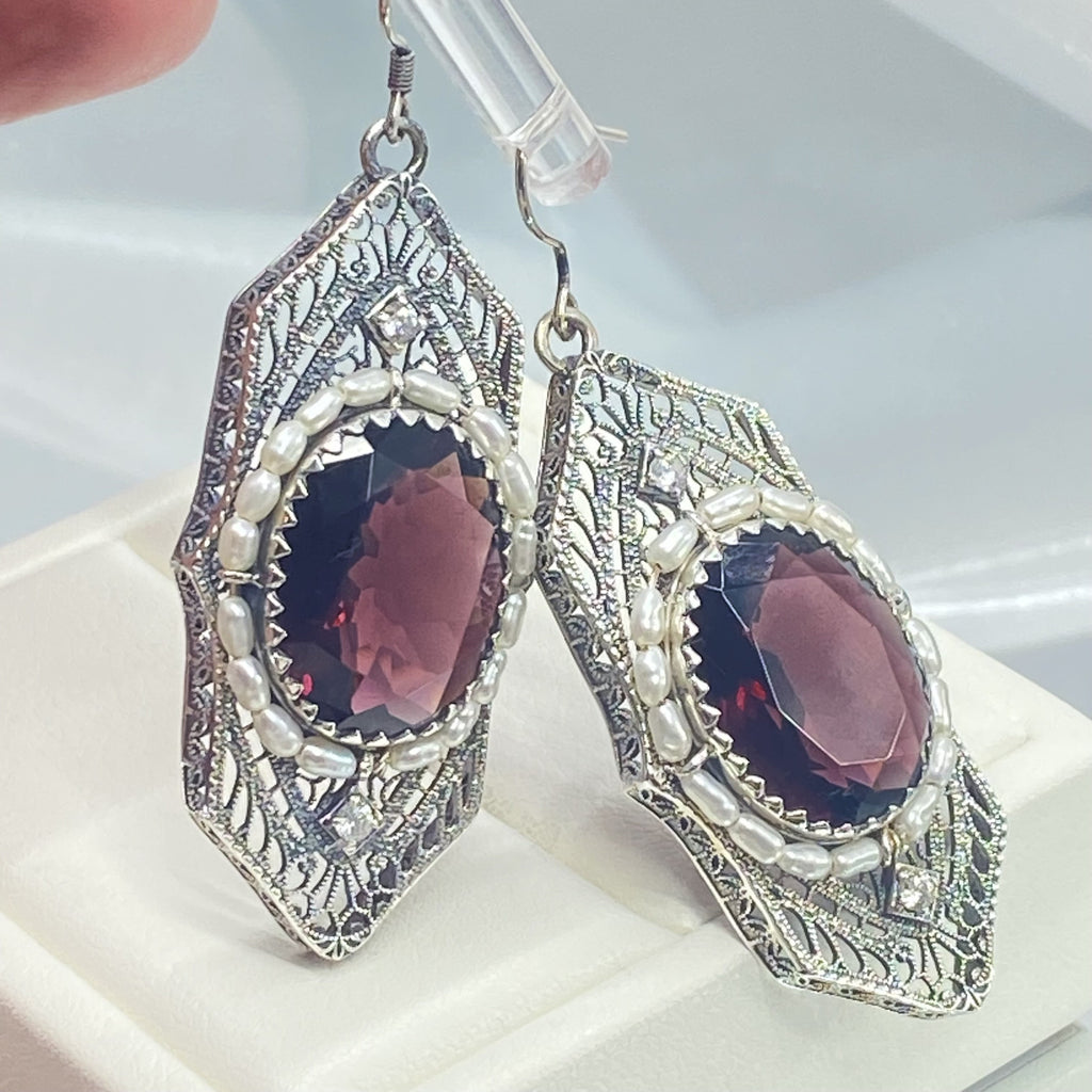 Amethyst Earrings, Purple Art Deco Earrings, Oval gem with seed pearls, vintage sterling silver filigree, Silver Embrace Jewelry, E156 Long Seed Pearl Earrings