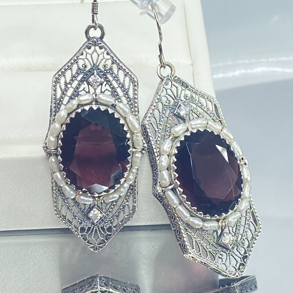 Amethyst Earrings, Purple Art Deco Earrings, Oval gem with seed pearls, vintage sterling silver filigree, Silver Embrace Jewelry, E156 Long Seed Pearl Earrings