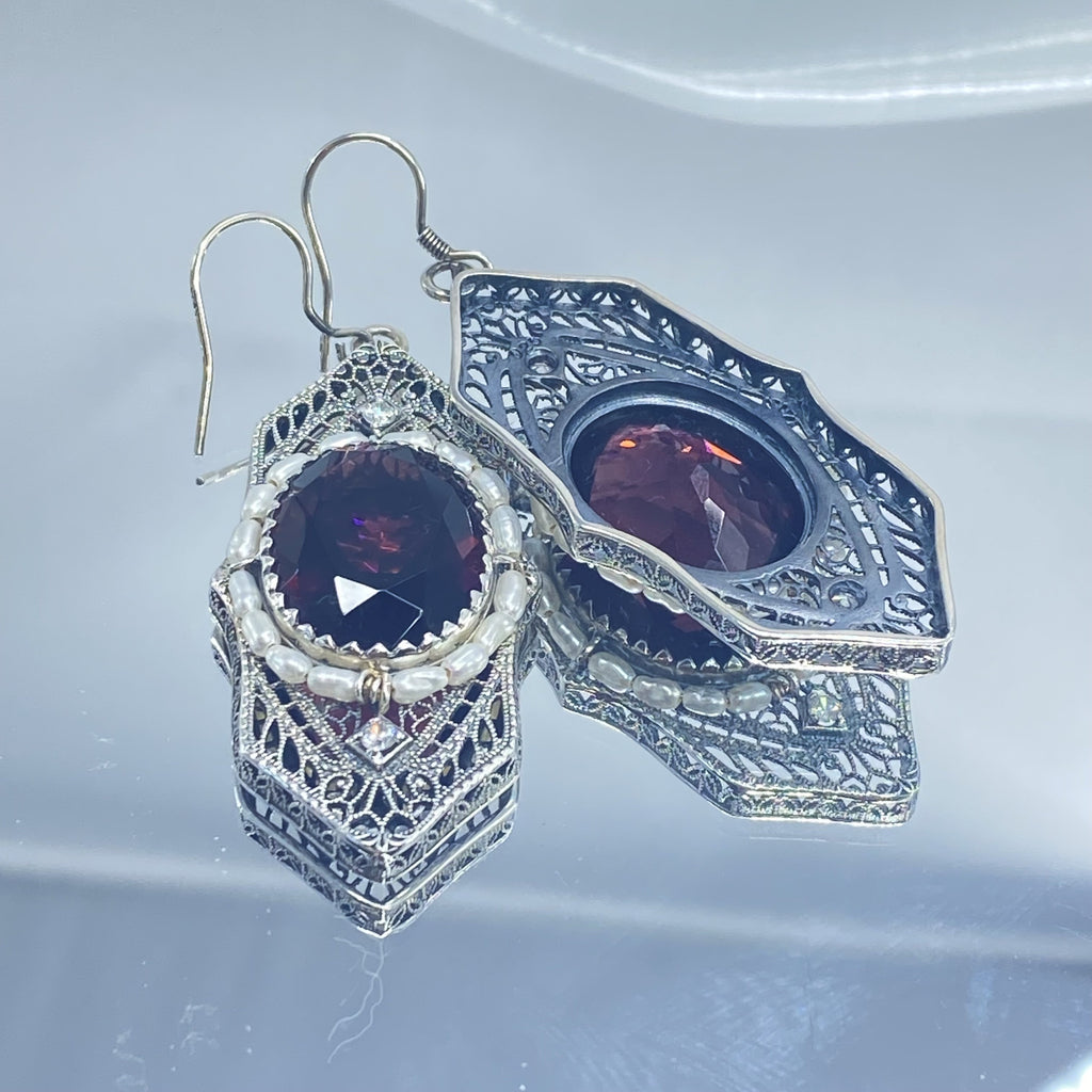 Amethyst Earrings, Purple Art Deco Earrings, Oval gem with seed pearls, vintage sterling silver filigree, Silver Embrace Jewelry, E156 Long Seed Pearl Earrings
