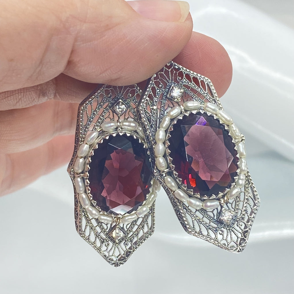 Amethyst Earrings, Purple Art Deco Earrings, Oval gem with seed pearls, vintage sterling silver filigree, Silver Embrace Jewelry, E156 Long Seed Pearl Earrings