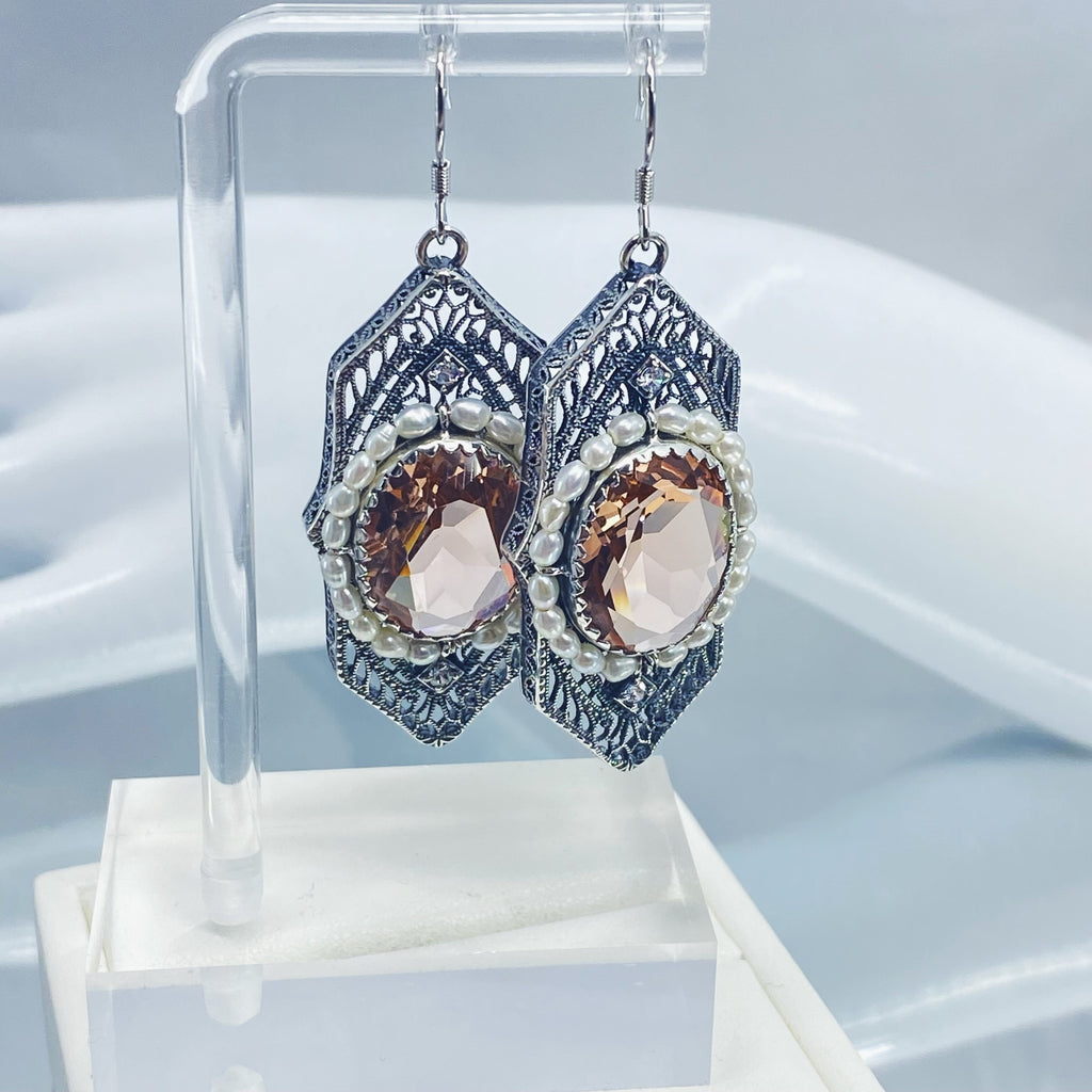 Art Deco Earrings, peach Topaz gem with seed pearls, vintage sterling silver filigree, with CZ insets, Silver Embrace Jewelry