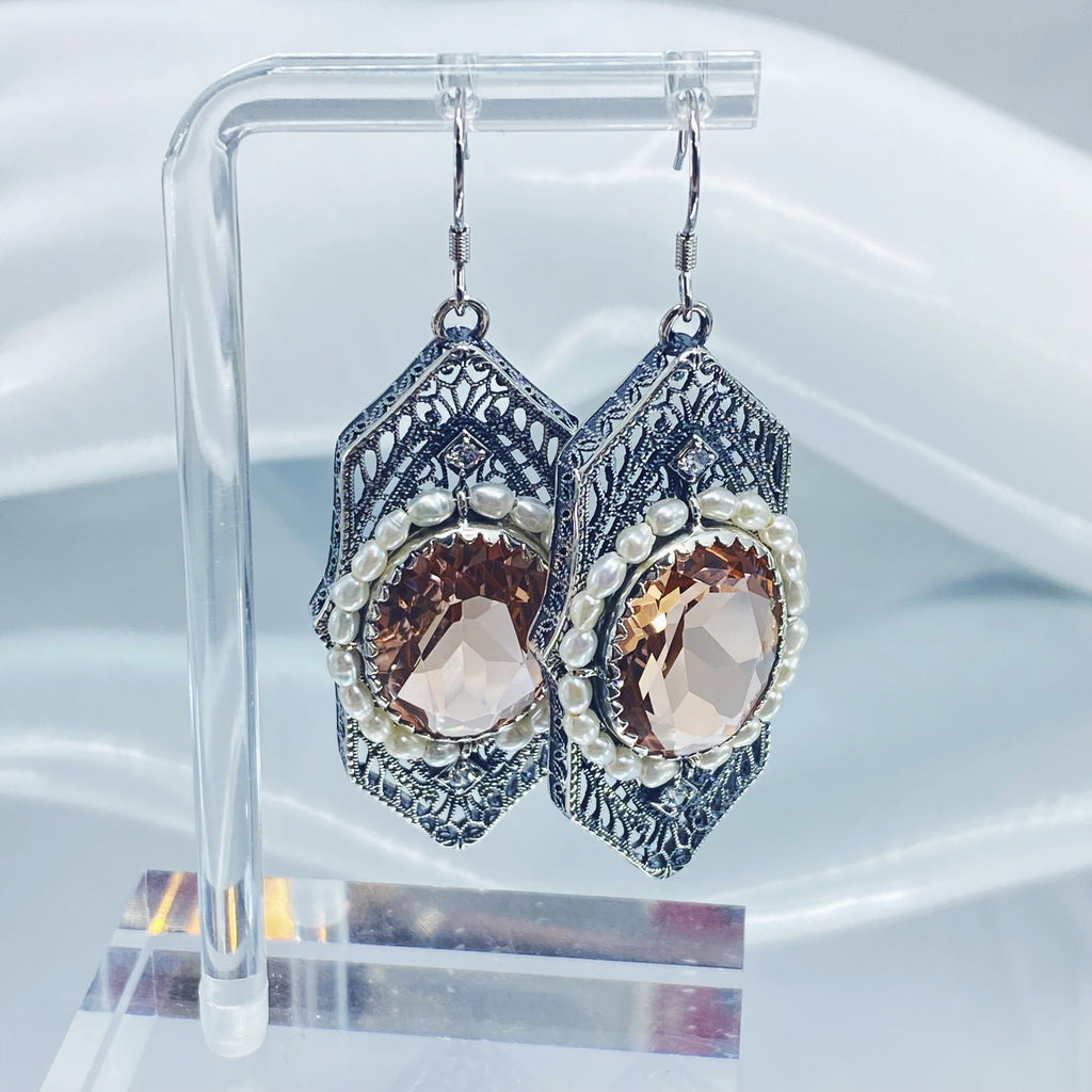 Art Deco Earrings, peach Topaz gem with seed pearls, vintage sterling silver filigree, with CZ insets, Silver Embrace Jewelry