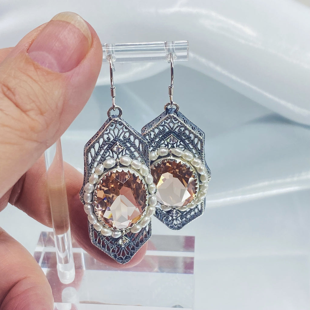 Art Deco Earrings, peach Topaz gem with seed pearls, vintage sterling silver filigree, with CZ insets, Silver Embrace Jewelry