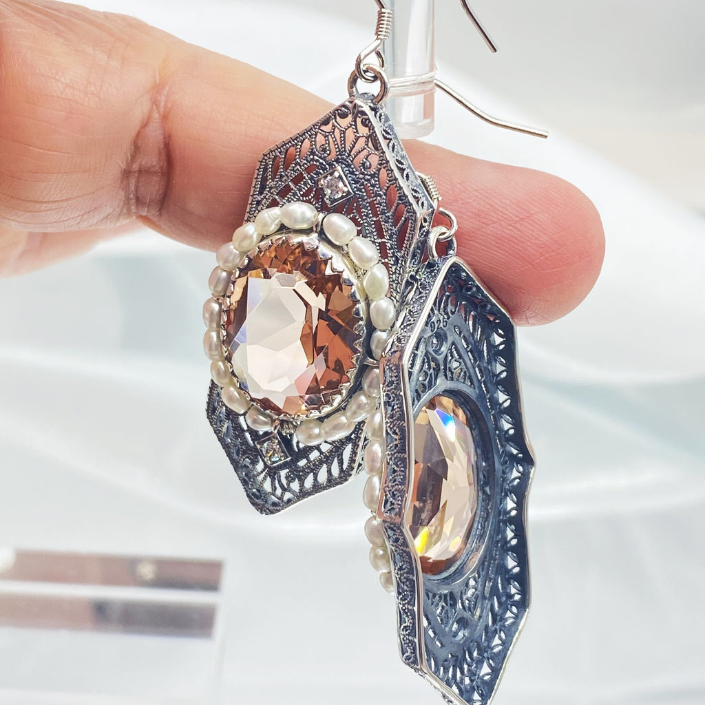 Art Deco Earrings, peach Topaz gem with seed pearls, vintage sterling silver filigree, with CZ insets, Silver Embrace Jewelry