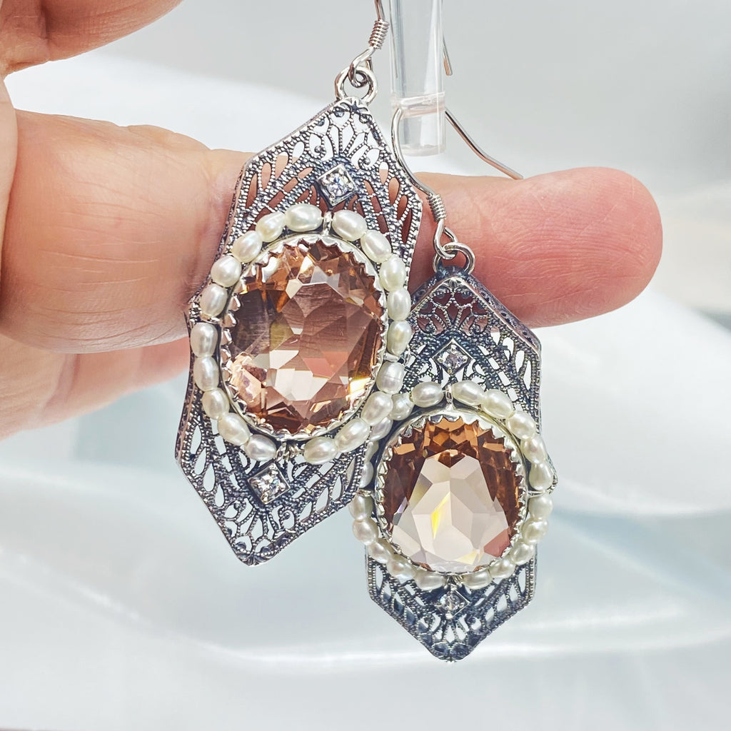 Art Deco Earrings, peach Topaz gem with seed pearls, vintage sterling silver filigree, with CZ insets, Silver Embrace Jewelry