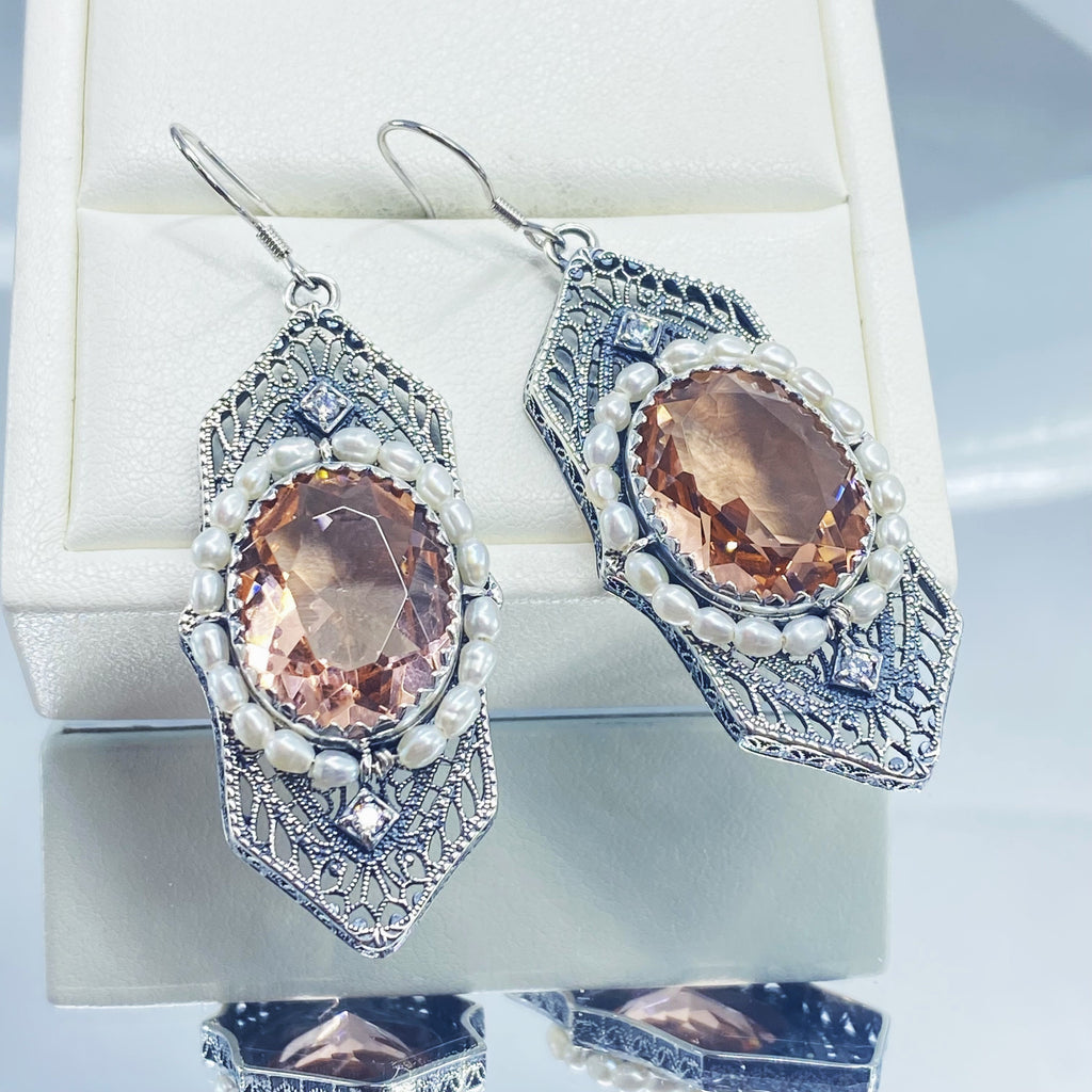 Art Deco Earrings, peach Topaz gem with seed pearls, vintage sterling silver filigree, with CZ insets, Silver Embrace Jewelry
