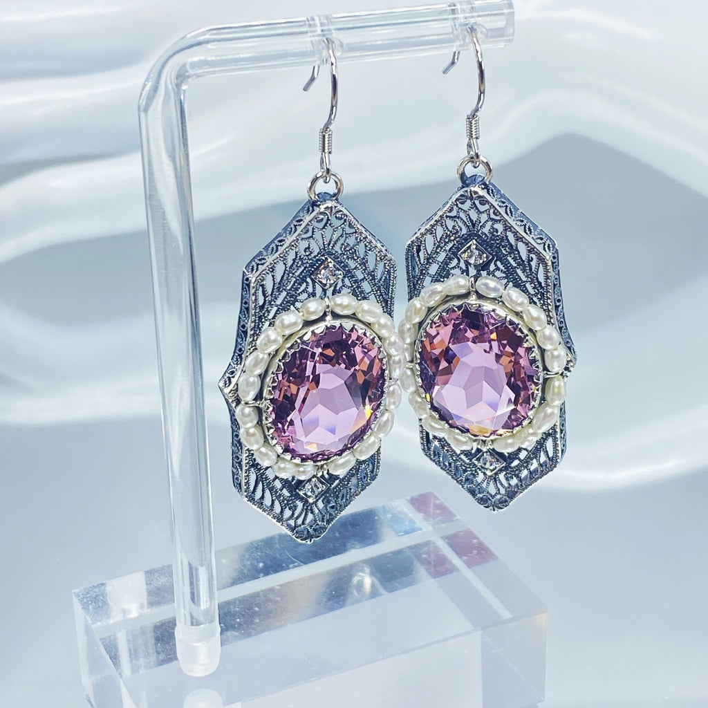 Art Deco Earrings, pink Topaz gem with seed pearls, vintage sterling silver filigree, with CZ insets, Silver Embrace Jewelry