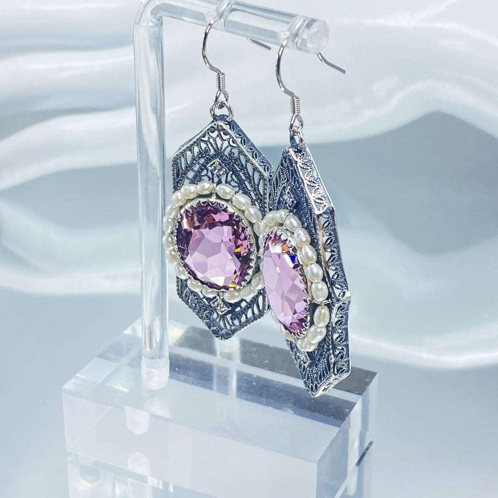 Art Deco Earrings, pink Topaz gem with seed pearls, vintage sterling silver filigree, with CZ insets, Silver Embrace Jewelry
