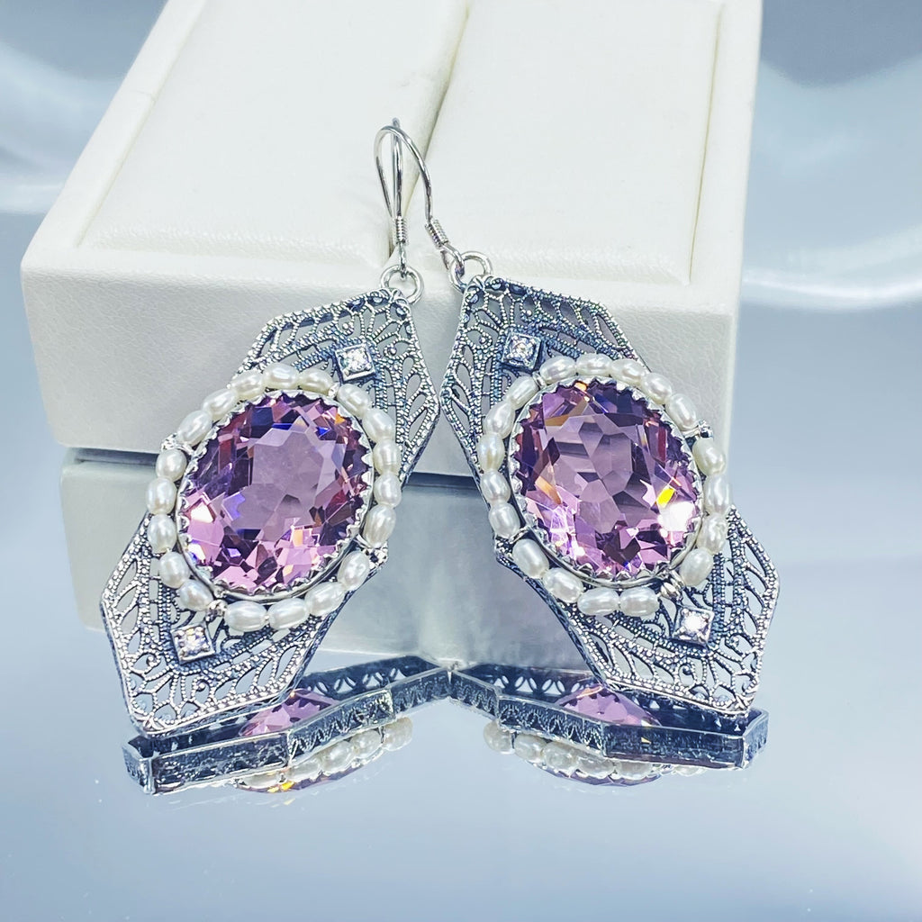 Art Deco Earrings, pink Topaz gem with seed pearls, vintage sterling silver filigree, with CZ insets, Silver Embrace Jewelry