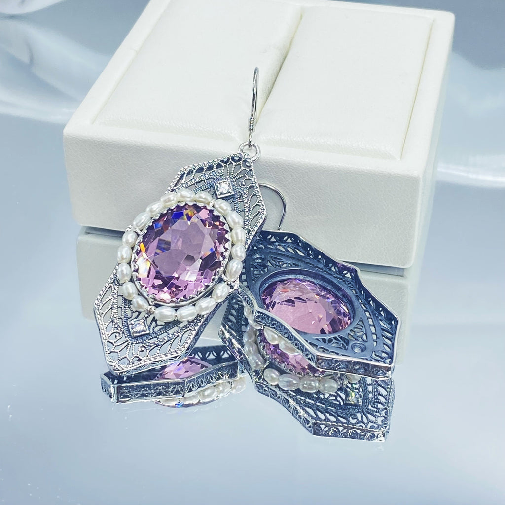 Art Deco Earrings, pink Topaz gem with seed pearls, vintage sterling silver filigree, with CZ insets, Silver Embrace Jewelry