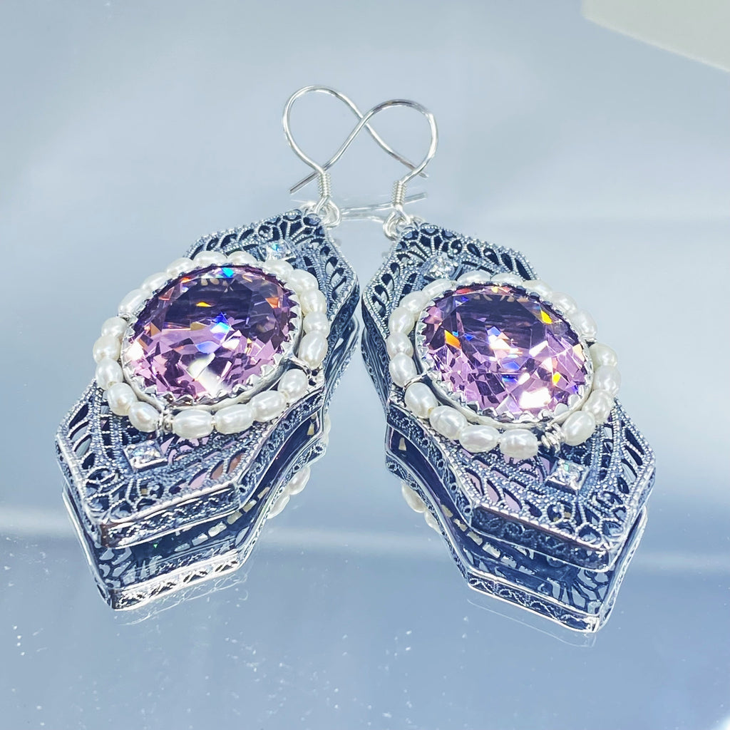 Art Deco Earrings, pink Topaz gem with seed pearls, vintage sterling silver filigree, with CZ insets, Silver Embrace Jewelry