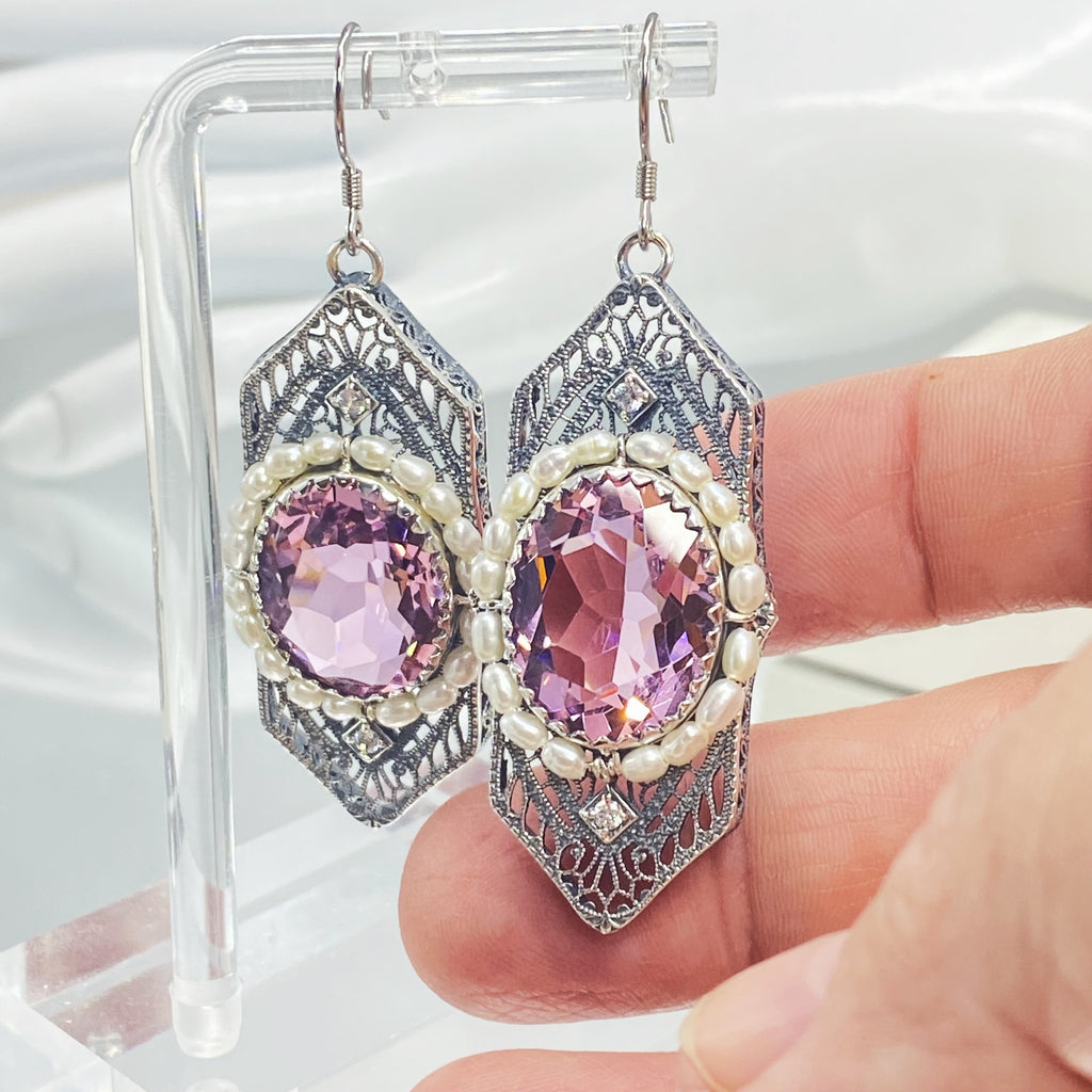 Art Deco Earrings, pink Topaz gem with seed pearls, vintage sterling silver filigree, with CZ insets, Silver Embrace Jewelry