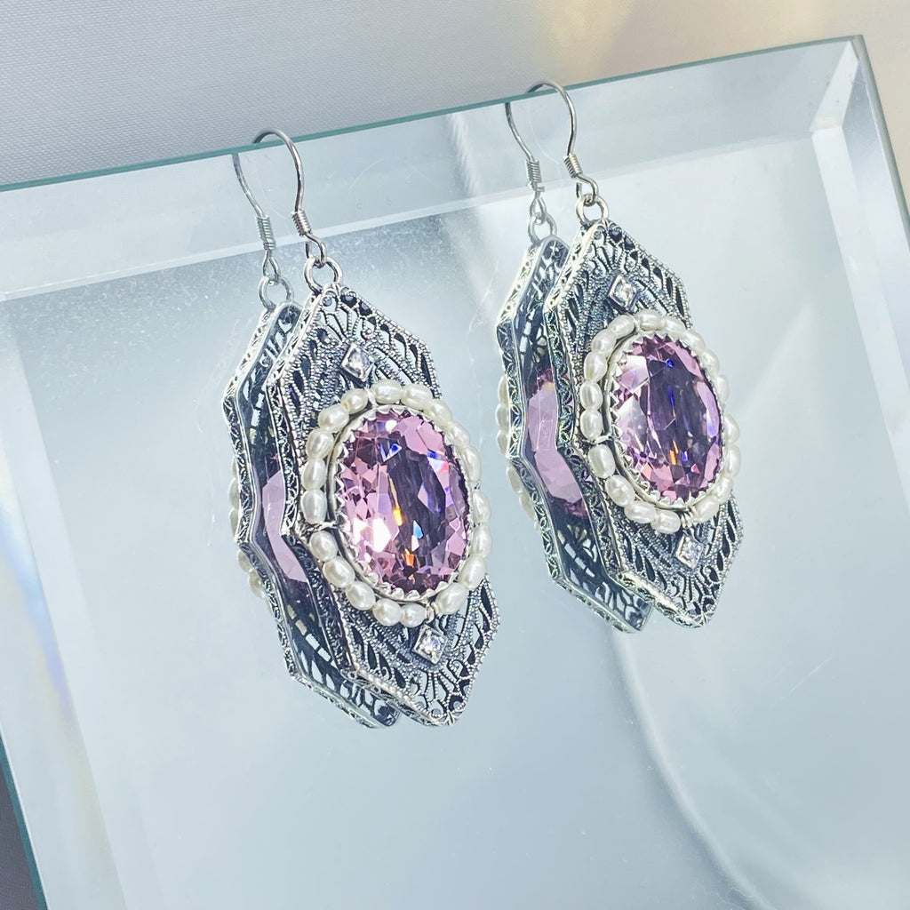Art Deco Earrings, pink Topaz gem with seed pearls, vintage sterling silver filigree, with CZ insets, Silver Embrace Jewelry