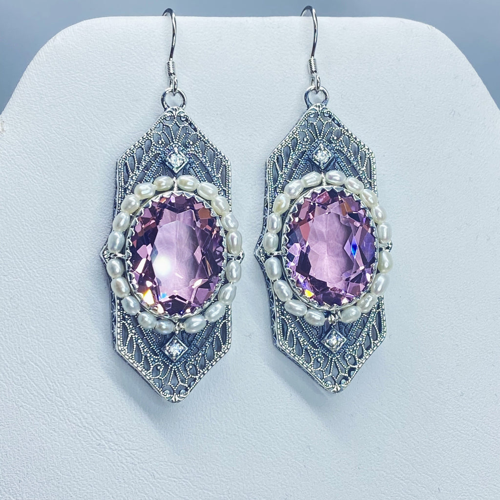 Art Deco Earrings, pink Topaz gem with seed pearls, vintage sterling silver filigree, with CZ insets, Silver Embrace Jewelry