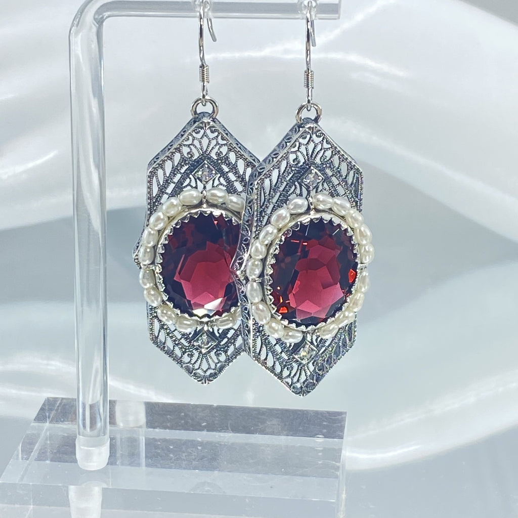 Art Deco Earrings, Ruby Red gem with seed pearls, vintage sterling silver filigree, with CZ insets, Silver Embrace Jewelry
