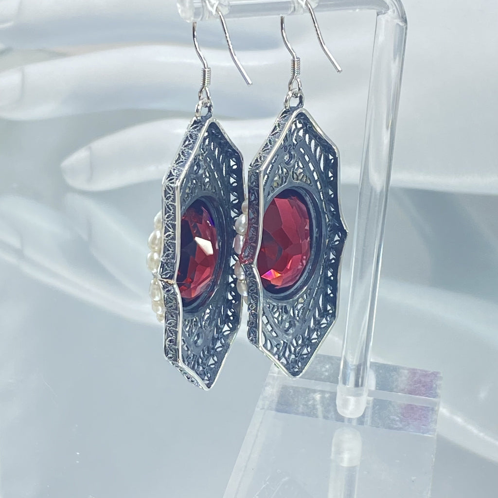 Art Deco Earrings, Ruby Red gem with seed pearls, vintage sterling silver filigree, with CZ insets, Silver Embrace Jewelry