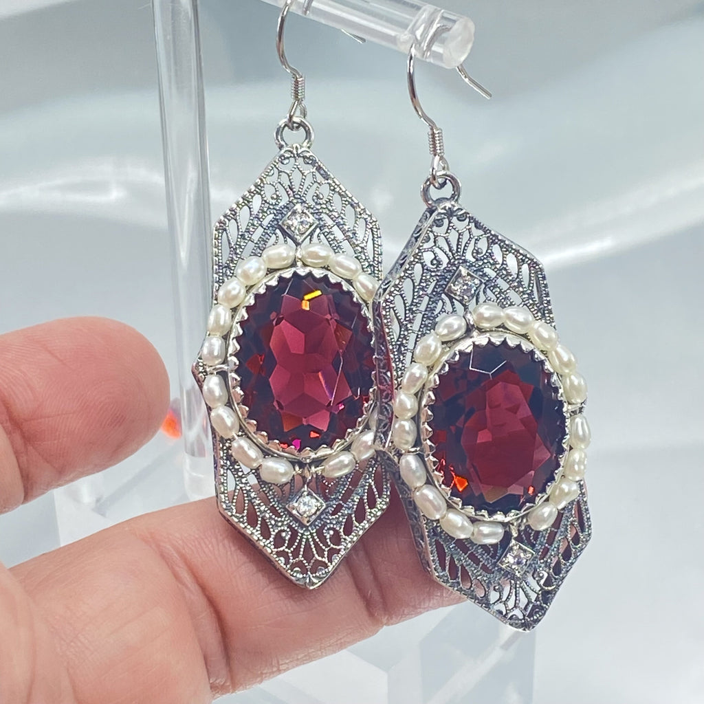 Art Deco Earrings, Ruby gem with seed pearls, vintage sterling silver filigree, with CZ insets, Silver Embrace Jewelry