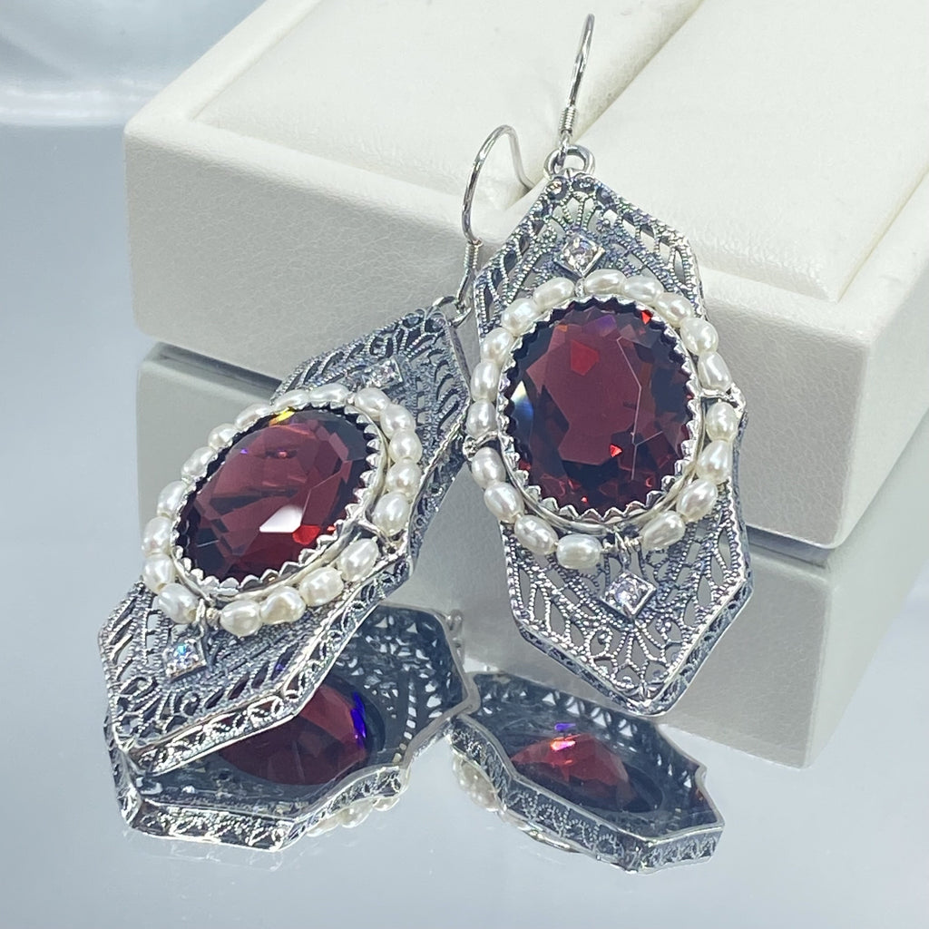 Art Deco Earrings, Ruby Red gem with seed pearls, vintage sterling silver filigree, with CZ insets, Silver Embrace Jewelry