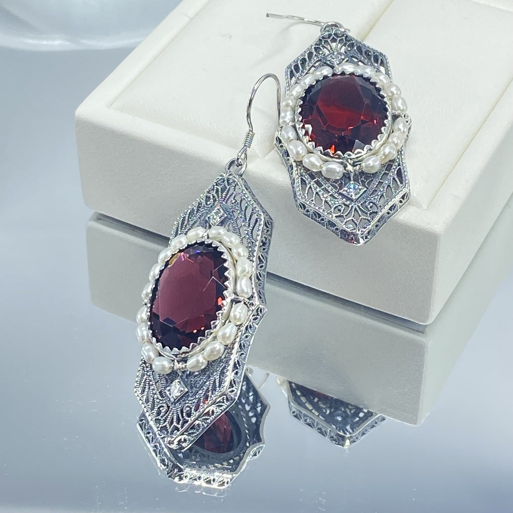 Art Deco Earrings, Ruby gem with seed pearls, vintage sterling silver filigree, with CZ insets, Silver Embrace Jewelry
