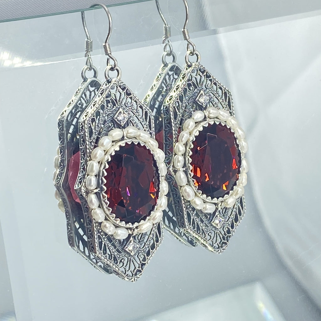 Art Deco Earrings, Ruby Red gem with seed pearls, vintage sterling silver filigree, with CZ insets, Silver Embrace Jewelry