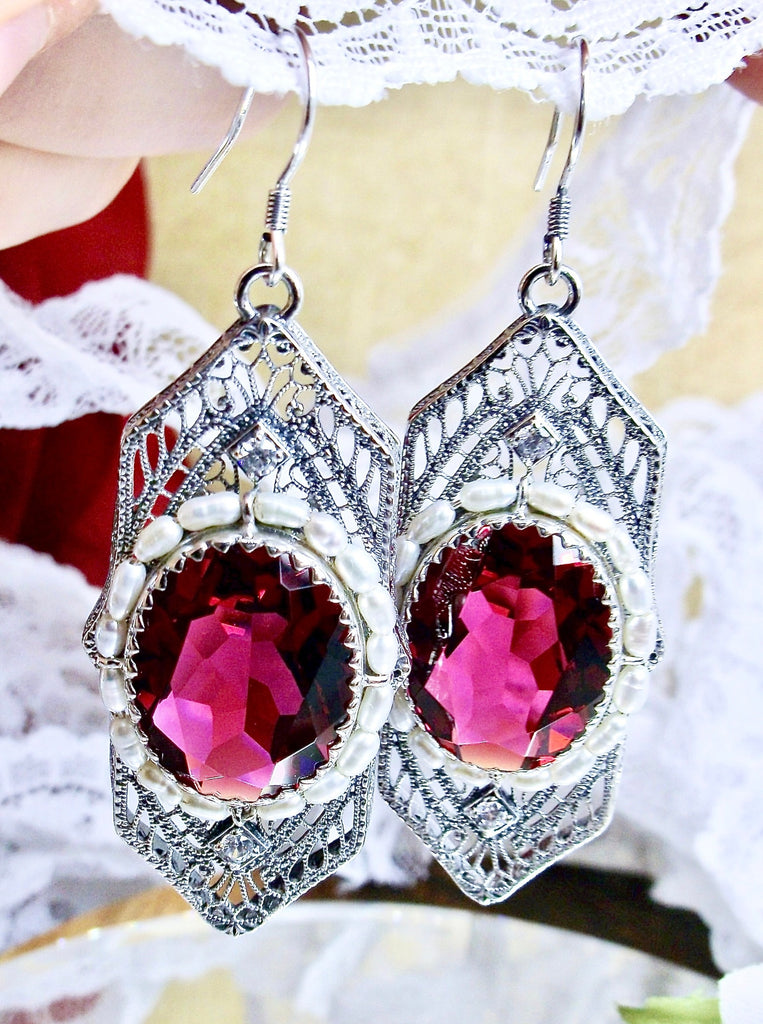 Red Ruby Earrings, Oval Art Deco Earrings, Sterling Silver, Silver Embrace Jewelry E156
