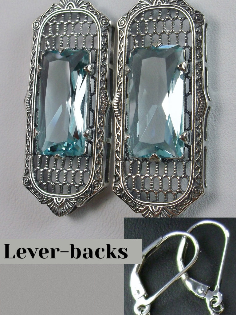 Sky Blue Aquamarine Art Deco Earrings, Baguette Gem, 1930s Reproduction Jewelry, Sterling silver filigree, Silver Embrace Jewelry, E16