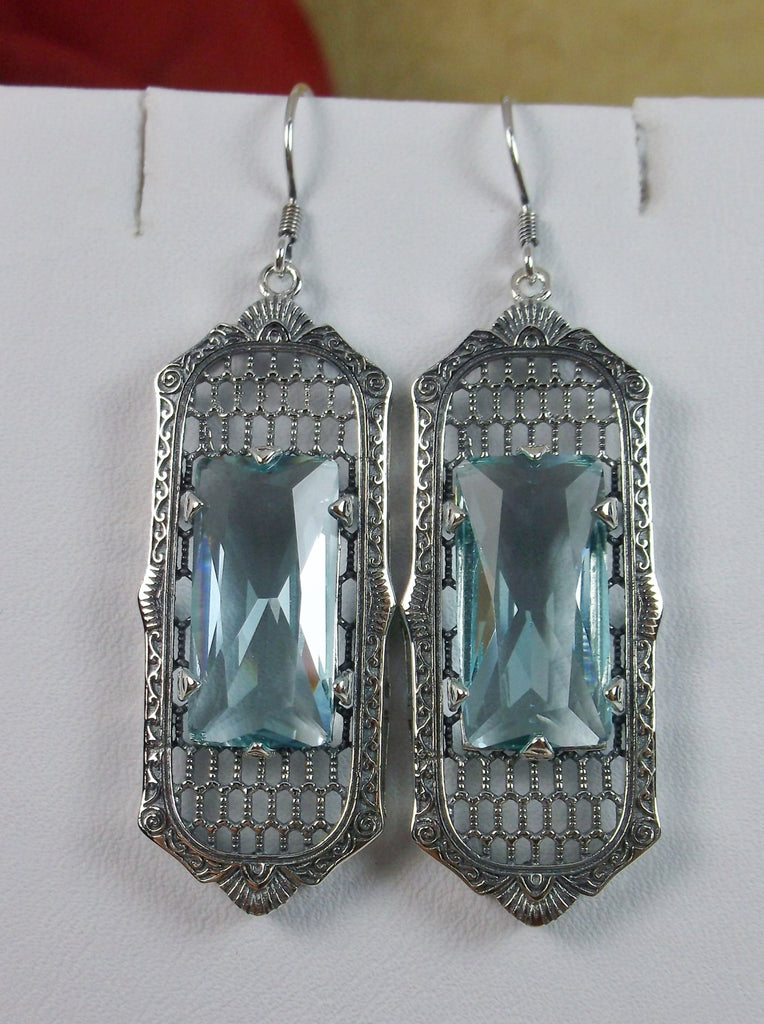 Sky Blue Aquamarine Art Deco Earrings, Baguette Gem, 1930s Reproduction Jewelry, Sterling silver filigree, Silver Embrace Jewelry, E16