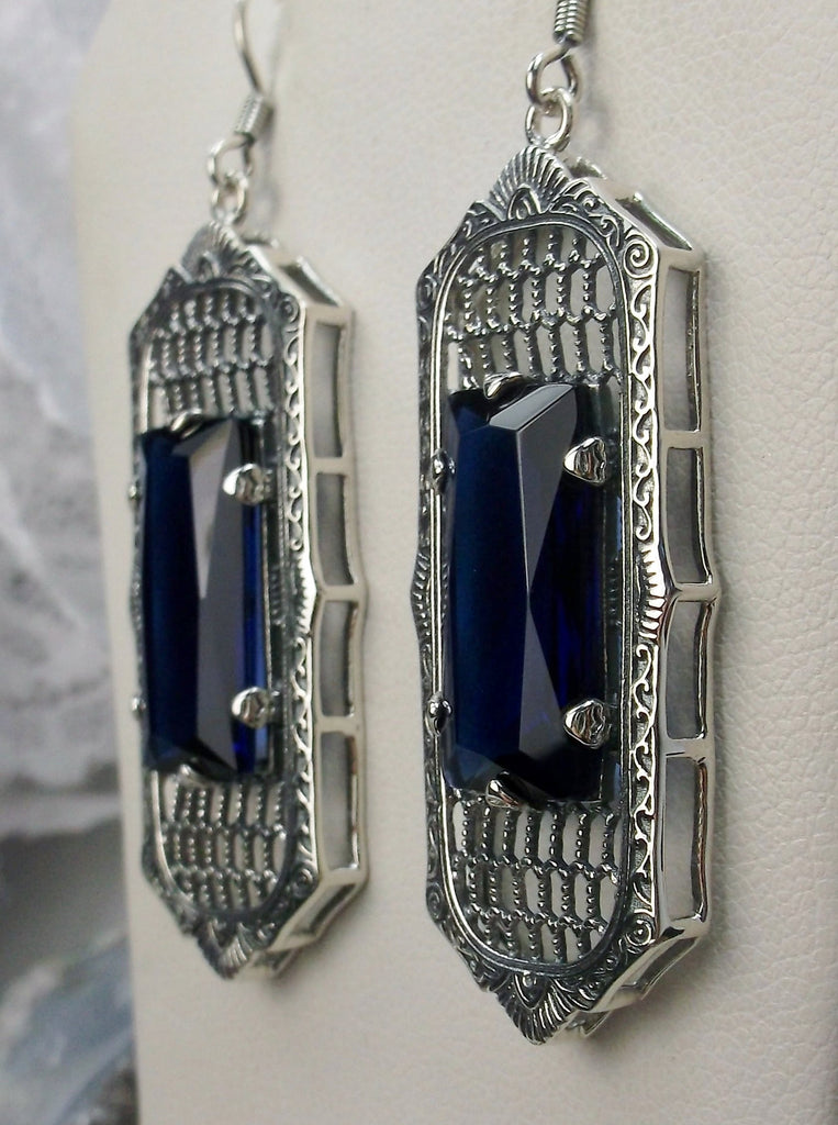 Blue Sapphire Earrings, Blue Sapphire Art Deco Earrings, Baguette Gem, 1930s Reproduction Jewelry, Sterling silver filigree, Silver Embrace Jewelry, E16