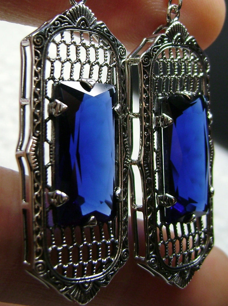 Blue Sapphire Art Deco Earrings, Baguette Gem, 1930s Reproduction Jewelry, Sterling silver filigree, Silver Embrace Jewelry, E16