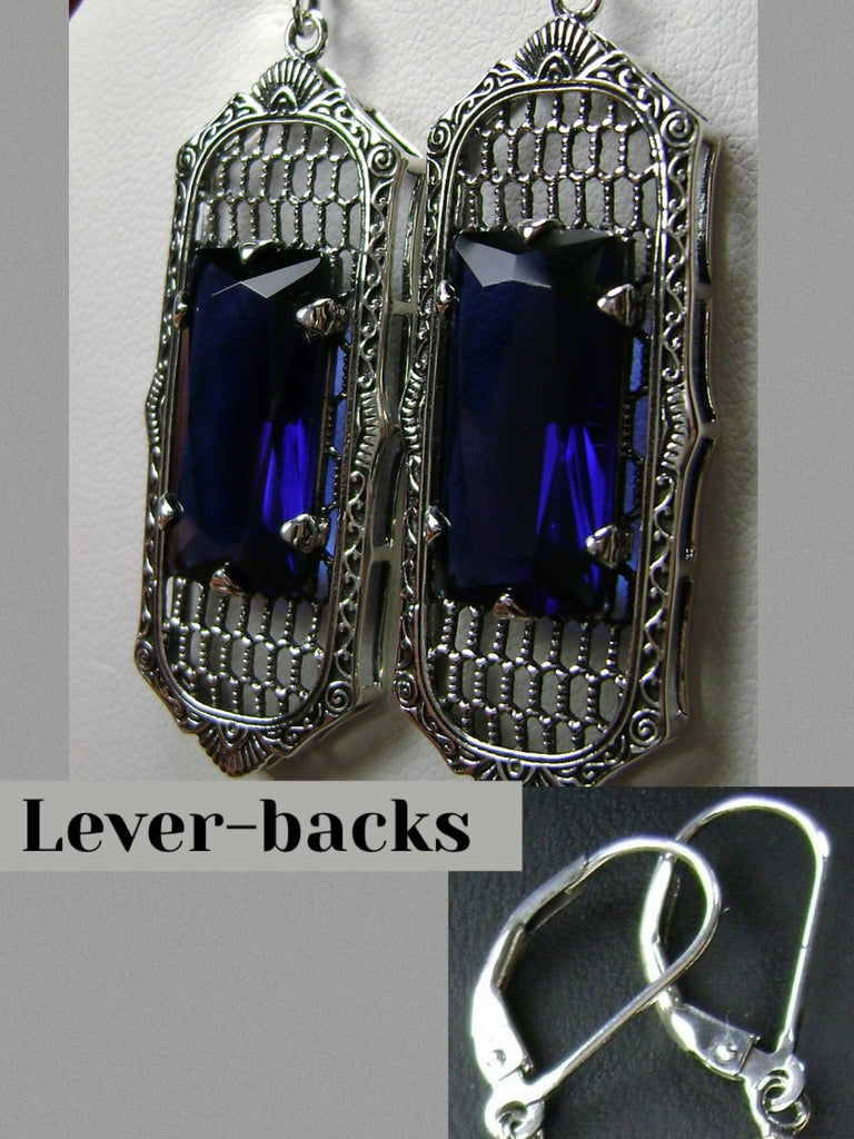 Blue Sapphire Art Deco Earrings, Baguette Gem, 1930s Reproduction Jewelry, Sterling silver filigree, Silver Embrace Jewelry, E16 leverbacks